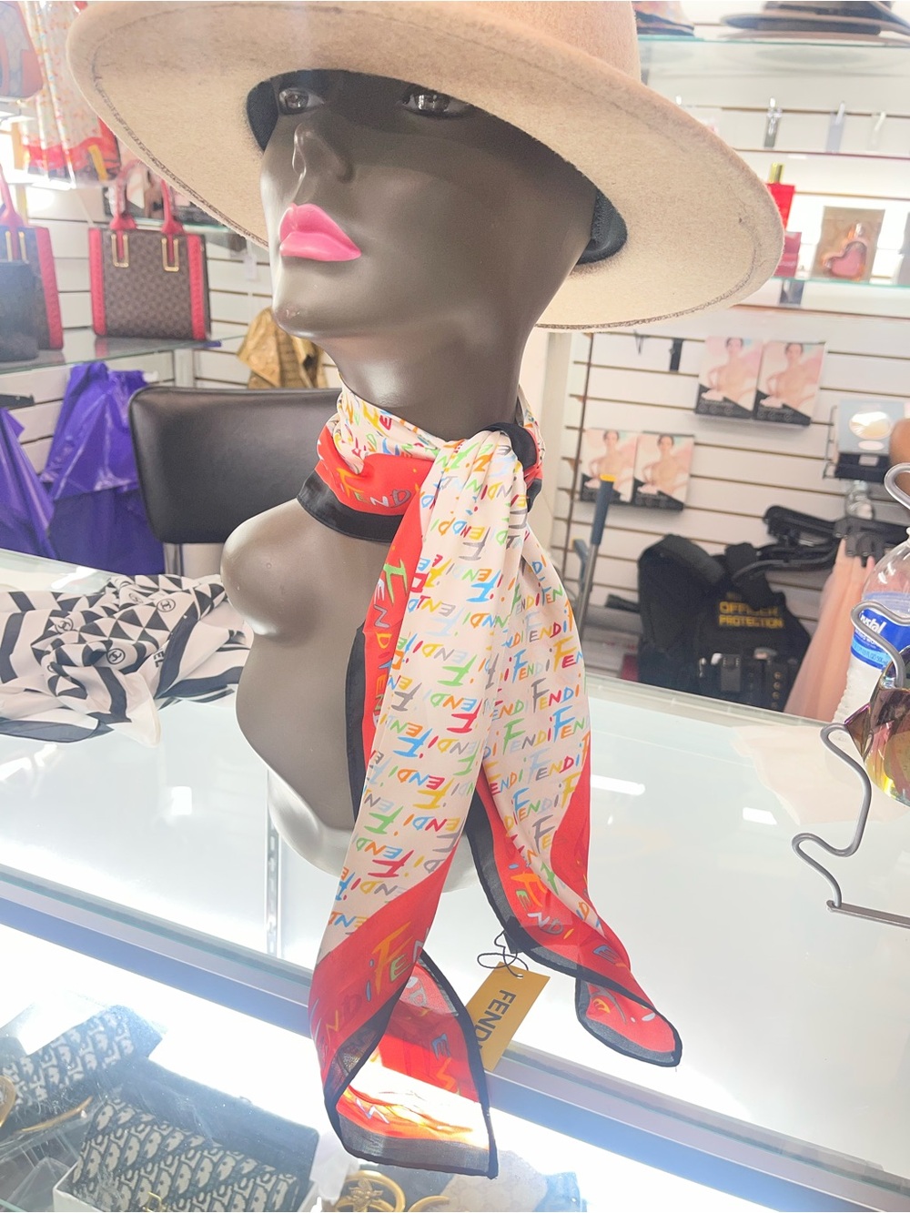 Fendi Multicolor Logo Silk Scarf with Red Trim